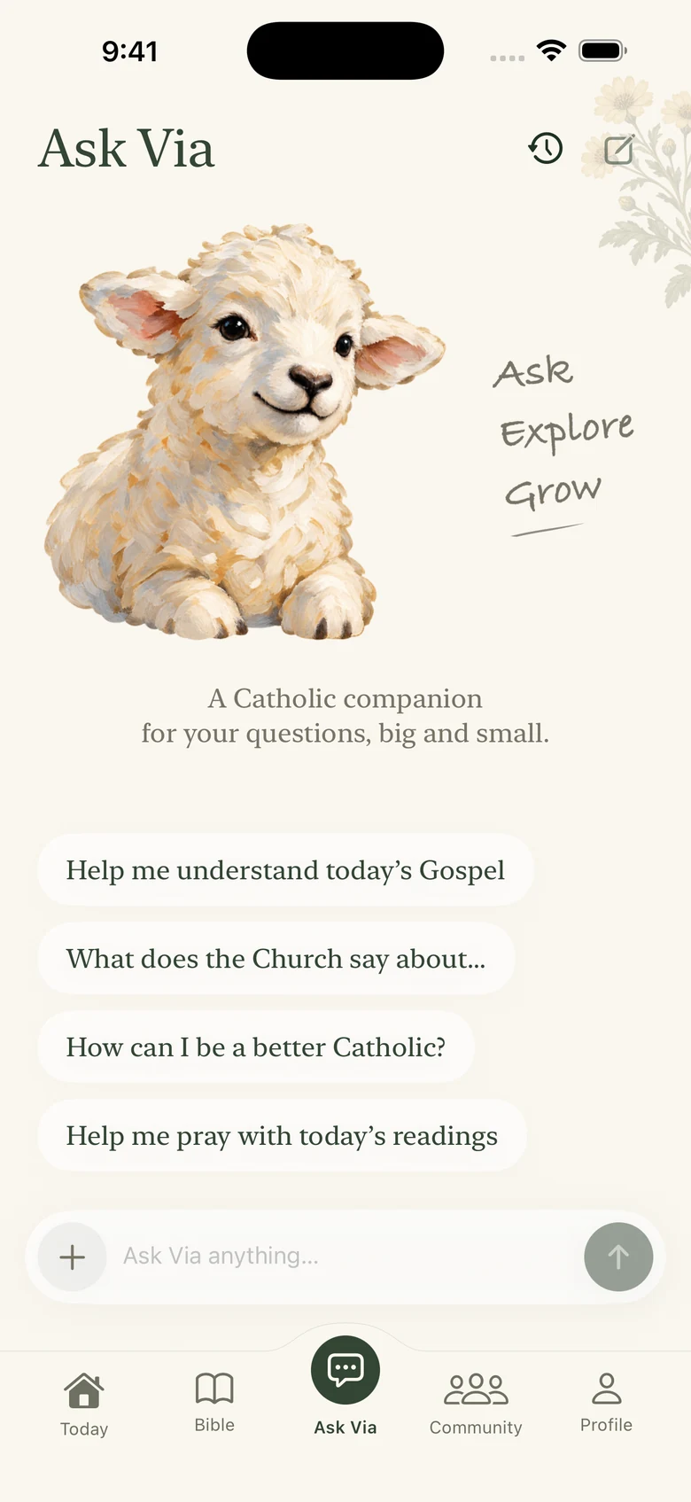 The redesigned Ask Via with Scripture and Catholic faith question prompts