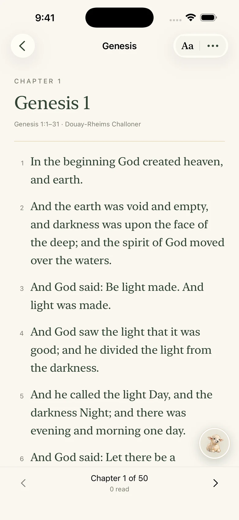 The Via Catholic Bible reader showing Genesis 1 with reading settings and chapter navigation