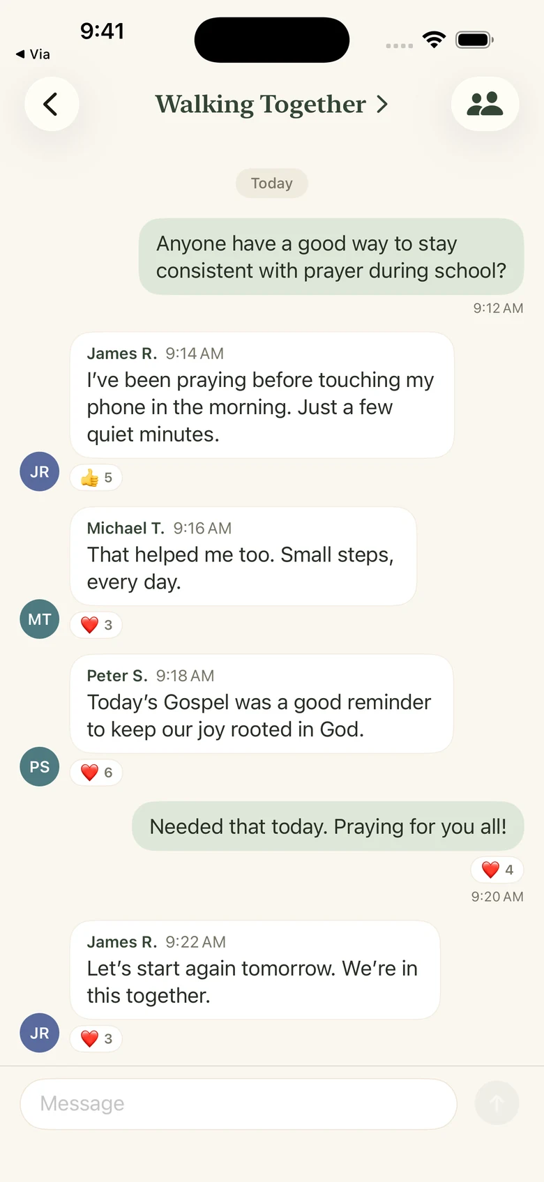 A Via private community conversation with fictional sample messages about prayer