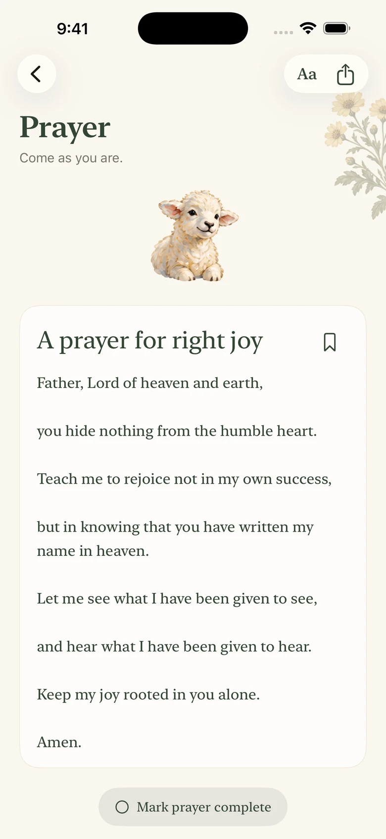 Via's daily prayer inspired by Scripture, with a save control and Mark prayer complete button