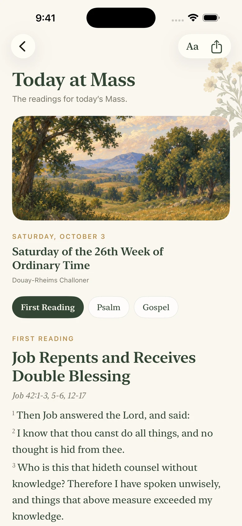 Via's daily Mass readings screen with the liturgical day, First Reading, Psalm, and Gospel