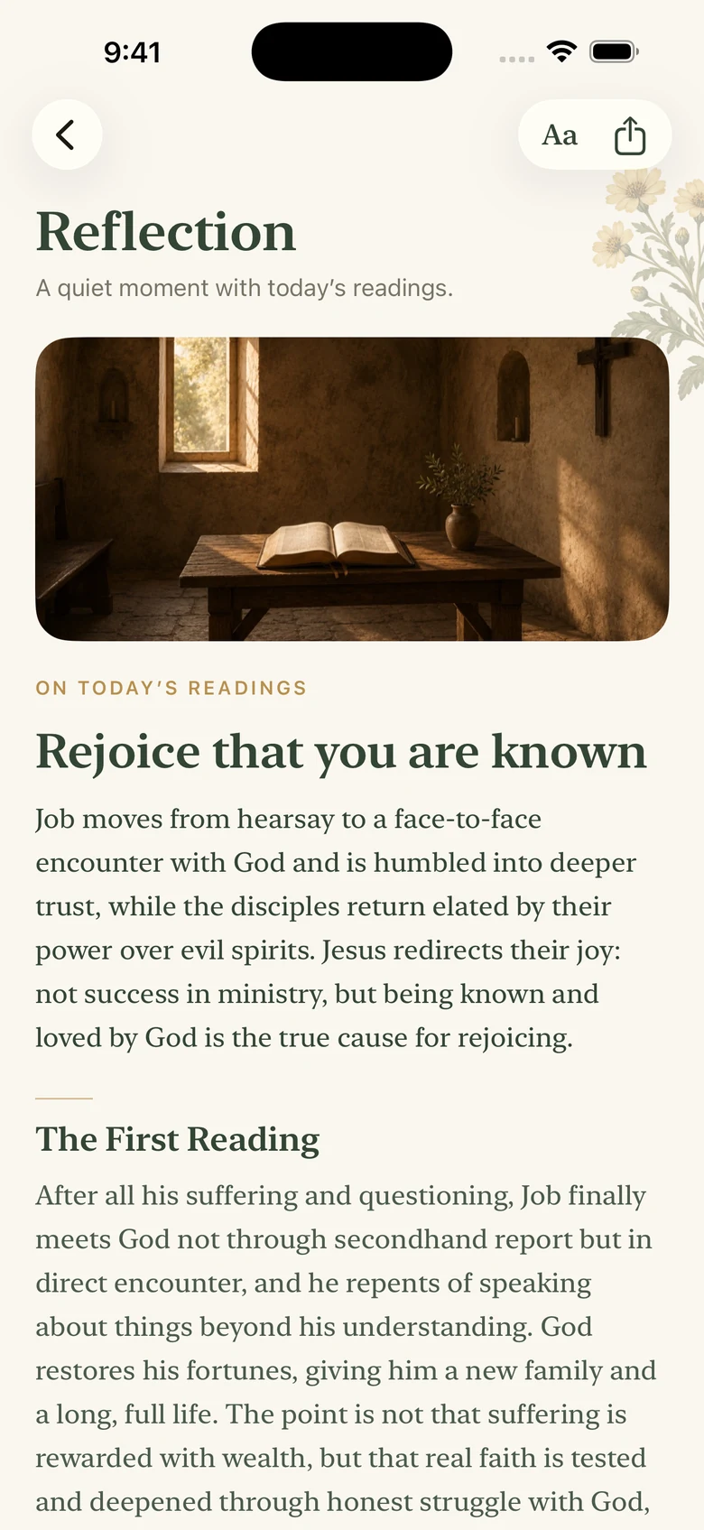 A daily Via reflection on the Mass readings, with reading settings and saving controls