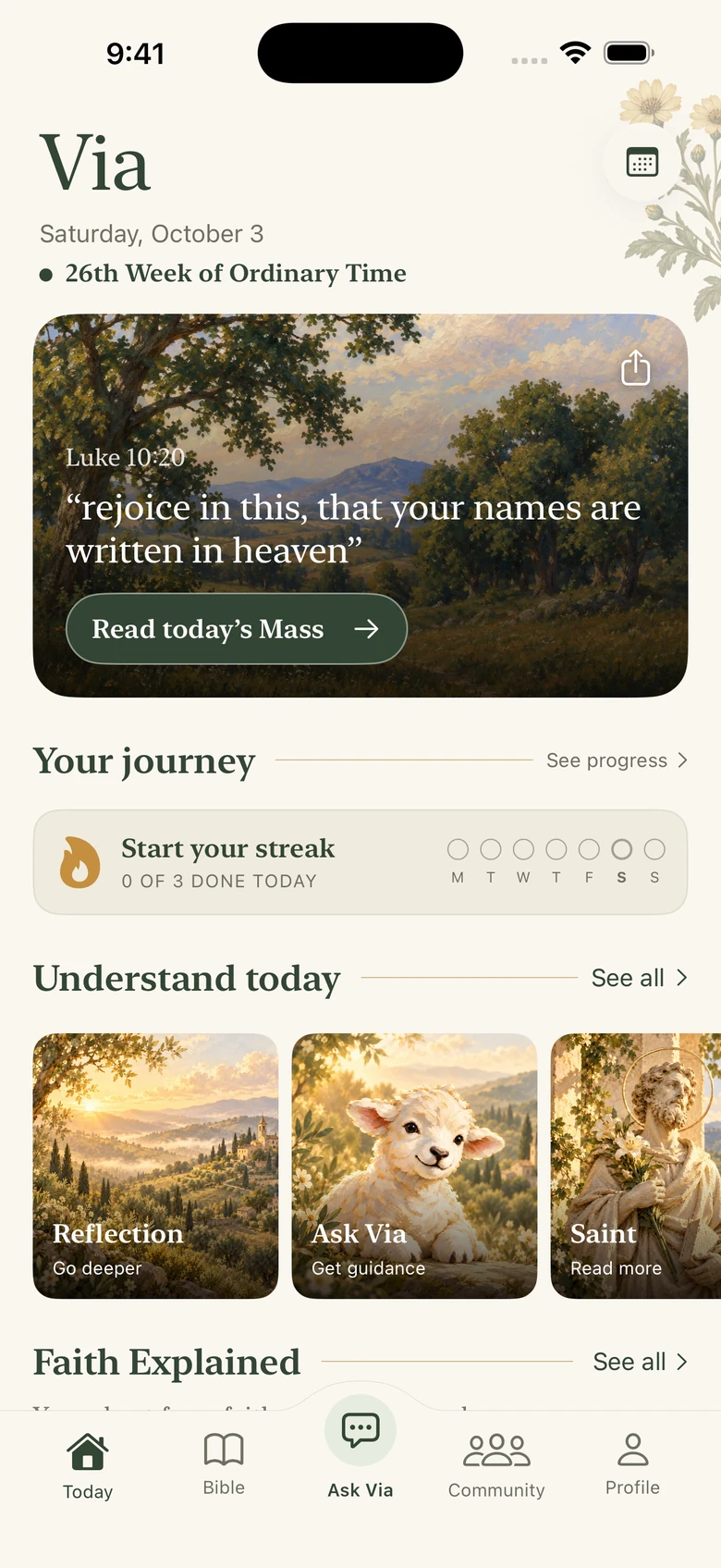 The new Via Today screen with the day's Gospel, a daily streak, reflections, and Saint of the Day